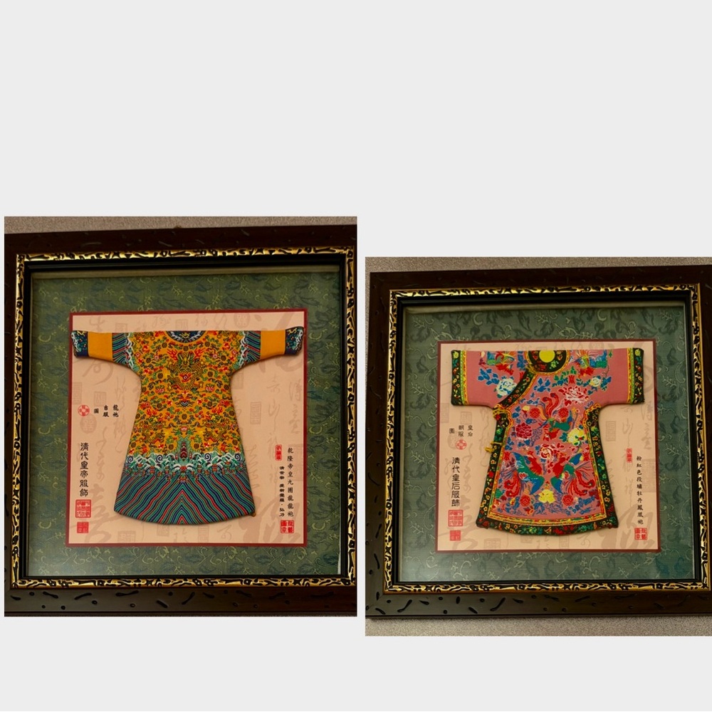 vintage Miniature Chinese Emperor Dragon& Empress Phoenix robes, silk embroidery
